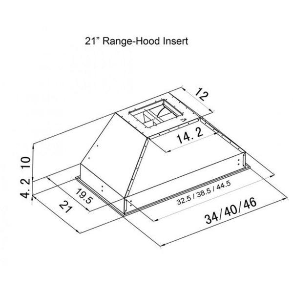 ZLINE Ducted Wall Mount Range Hood Insert in Outdoor Approved Stainless Steel (721-304) dimensional diagram.