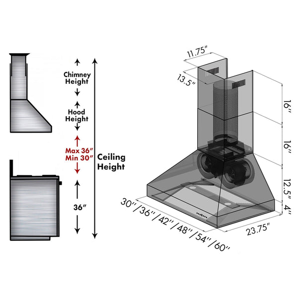 ZLINE Outdoor Wall Mount Range Hood in Outdoor Approved Stainless Steel (667-304) chimney height guide and measurements.