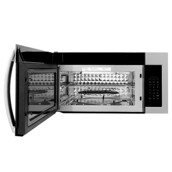 ZLINE Stainless Steel Over the Range Convection Microwave Oven with Modern Handle (MWO-OTR-30) front, open, with tray inside.