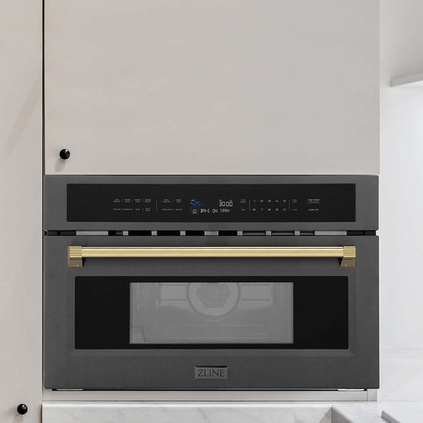 ZLINE Autograph Edition 30 in. 1.6 cu ft. Built-in Convection Microwave Oven in Black Stainless Steel with Gold Accents (MWOZ-30-BS-G) built-in to beige kitchen cabinets