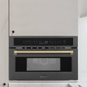 ZLINE Autograph Edition 30 in. 1.6 cu ft. Built-in Convection Microwave Oven in Black Stainless Steel with Champagne Bronze Accents (MWOZ-30-BS-CB) built-in to beige cabinets
