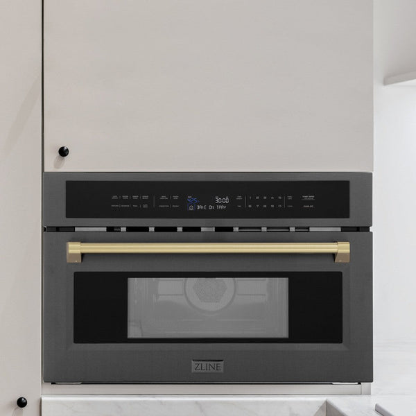 ZLINE Autograph Edition 30 in. 1.6 cu ft. Built-in Convection Microwave Oven in Black Stainless Steel with Champagne Bronze Accents (MWOZ-30-BS-CB) built-in to beige cabinets