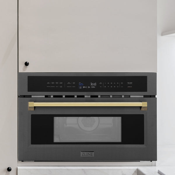ZLINE Autograph Edition 30” 1.6 cu ft. Built-in Convection Microwave Oven in Black Stainless Steel and Polished Gold  Accents (MWOZ-30-BS-G)