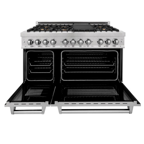 ZLINE 48 in. 6.0 cu. ft. Legacy Dual Fuel Range with Gas Cooktop and 2 Electric Ovens in DuraSnow® Stainless Steel with 6 Brass Burners and Griddle (RAS-SN-BR-GR-48)