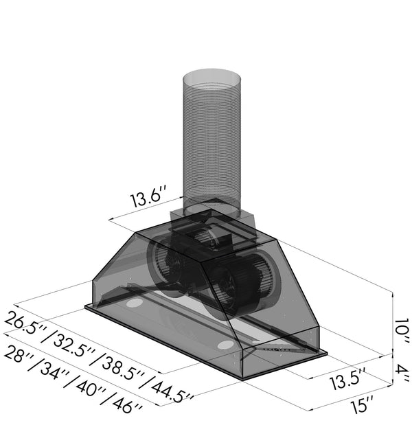 ZLINE Ducted Wall Mount Range Hood Insert in Stainless Steel (695) dimensional diagram