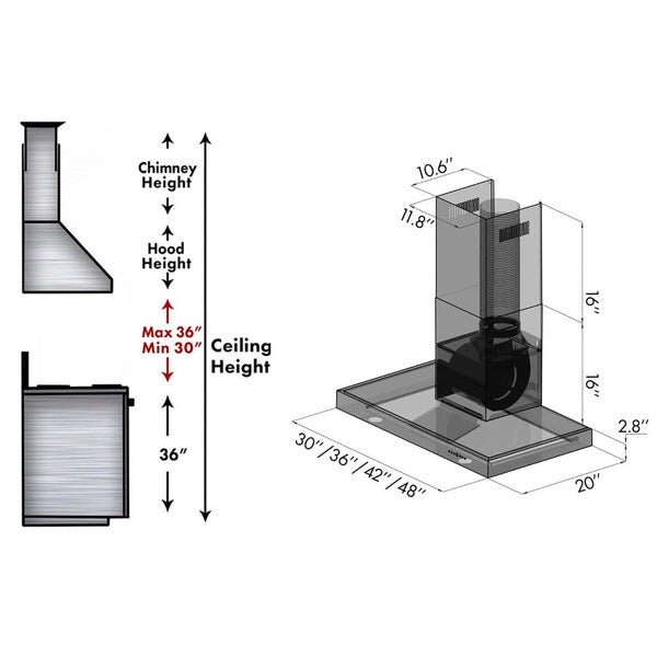 ZLINE Convertible Vent Wall Mount Range Hood in Stainless Steel with Crown Molding (KECRN) chimney height guide and dimensional diagram.