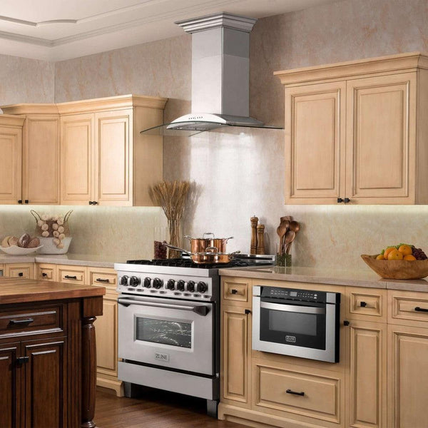 ZLINE Convertible Vent Wall Mount Range Hood in Stainless Steel & Glass (KN) in a farmhouse-style kitchen with natural wood cabinetry wide.