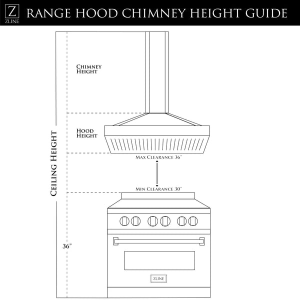 ZLINE Convertible Vent Wall Mount Range Hood in Stainless Steel & Glass (KN) chimney height guide.