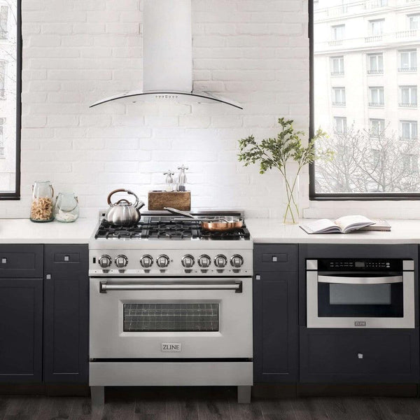ZLINE Convertible Vent Wall Mount Range Hood in Stainless Steel & Glass (KN4) in Luxury Apartment Kitchen with matching ZLINE Range and Microwave