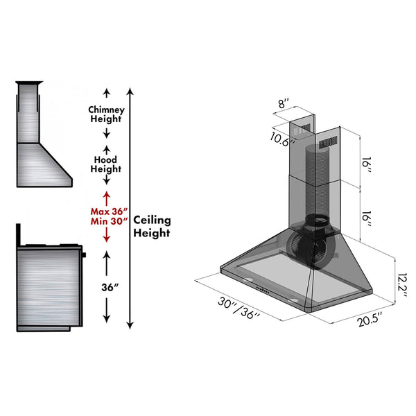 ZLINE Convertible Vent Wall Mount Range Hood in Stainless Steel (KF1) chimney height guide and dimensional measurements.
