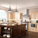 ZLINE Convertible Vent Wall Mount Range Hood in Stainless Steel (KF1) in a rustic-style kitchen with natural wood cabinets.