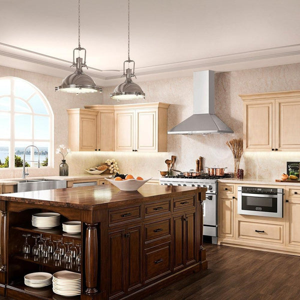 ZLINE Convertible Vent Wall Mount Range Hood in Stainless Steel (KF1) in a rustic-style kitchen with natural wood cabinets.