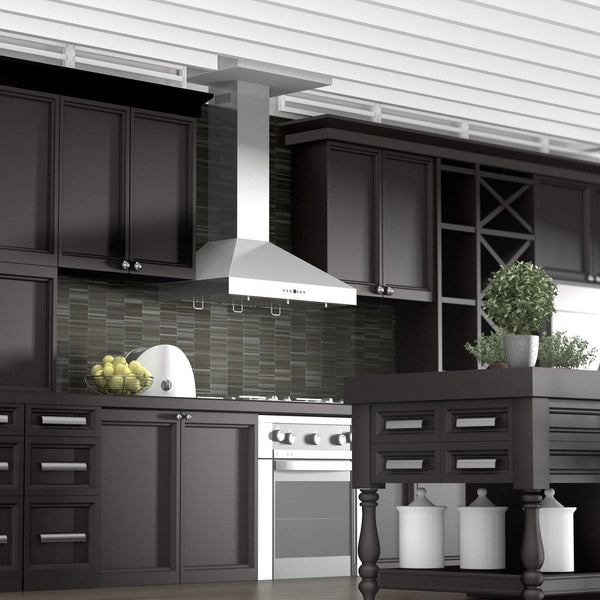 ZLINE Convertible Vent Wall Mount Range Hood in Stainless Steel (KL3) in a rustic kitchen wide.