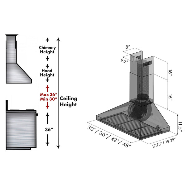 ZLINE Convertible Vent Wall Mount Range Hood in Stainless Steel (KL3) chimney height guide and dimensions.