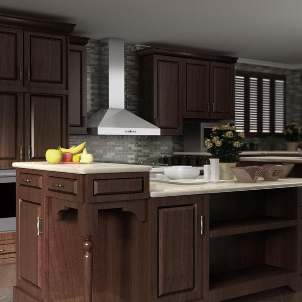 ZLINE Convertible Vent Wall Mount Range Hood in Stainless Steel (KL3) in a rustic kitchen alternative.