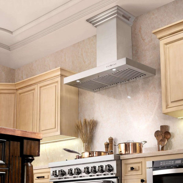 ZLINE Wall Mount Range Hood In Stainless Steel With Built-In ZLINE CrownSound Bluetooth Speakers (KECRN-BT) in a farmhouse kitchen.
