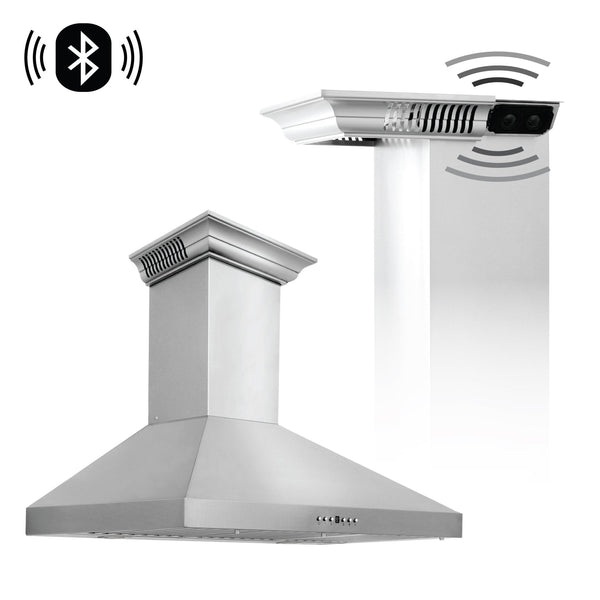 48" ZLINE CrownSound™Ducted Vent Wall Mount Range Hood in Stainless Steel with Built-in Bluetooth Speakers (KL3CRN-BT-48)
